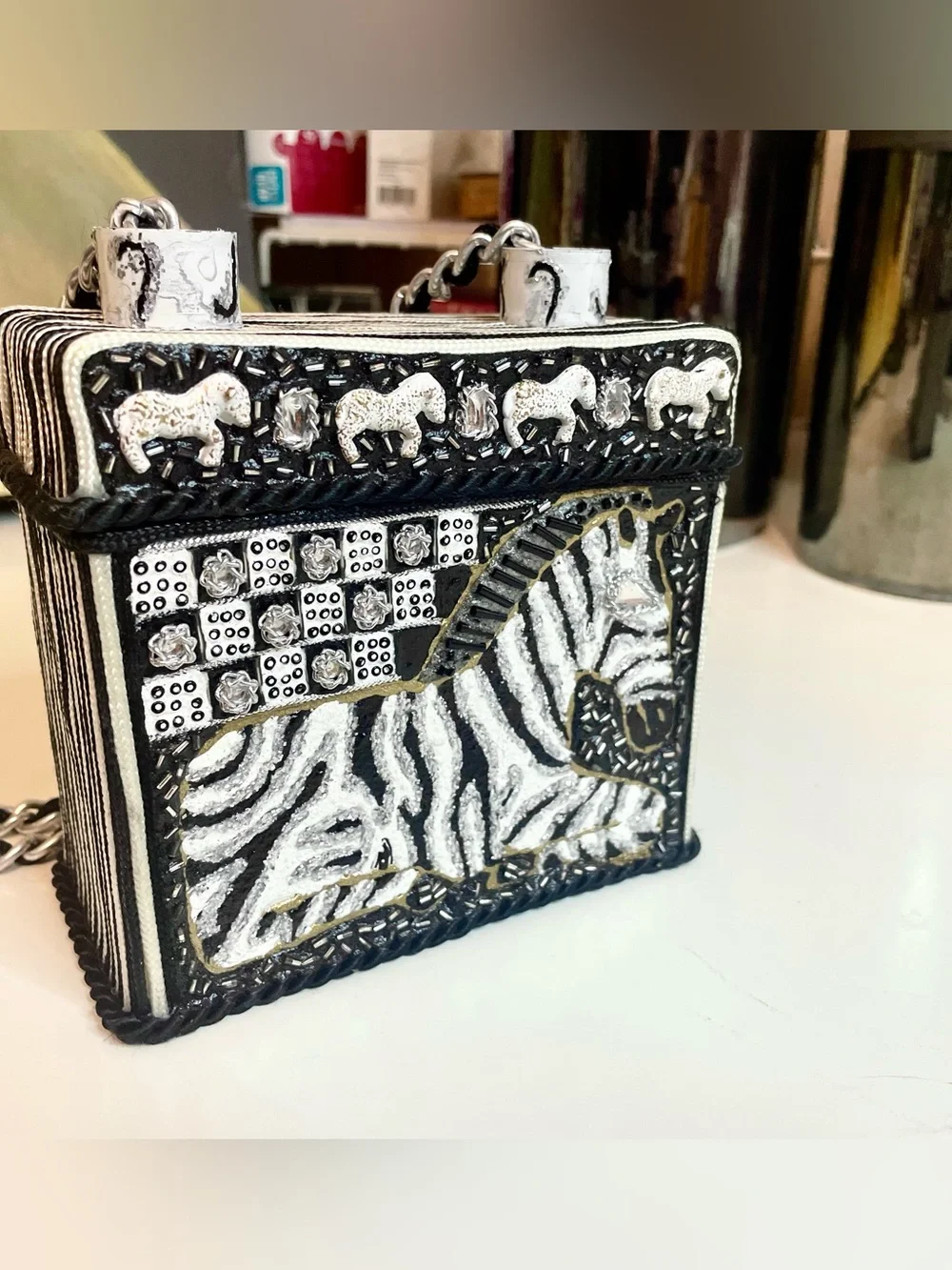 Mary Frances Handcrafted Black & White Zebra Purse